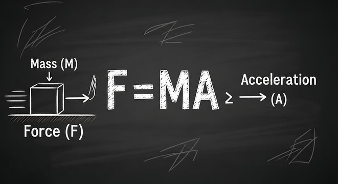Newtons second law of motion formula on a chalkboard with mass force and acceleration diagram