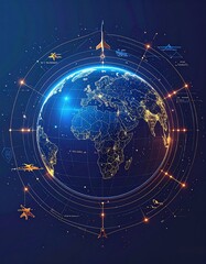Obraz premium This futuristic digital Earth illustration features glowing data rings and aircraft, symbolizing global connectivity and aerospace technology. Perfect for tech and logistics marketing.