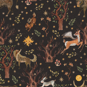 Medieval gothic woodland seamless pattern with watercolor mystical animals. Vintage dark fairytale wallpaper with winged deer, wolf and rabbit for luxury home decor and textile fabric.