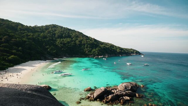 Turquoise bay and rocky islands from cliffside Island Similan in Phang Nga, Phuket Thailand.