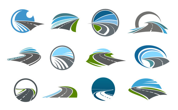 Highway road vector icons or emblems. Long straight and curved motorway, route and freeway stretching into the distance under skies. Car rental, delivery service, transportation and travel app symbols
