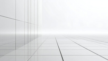 Fototapeta premium Perspective rendering of a white tiled floor & wall, minimal & geometric