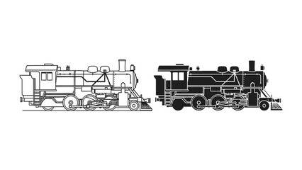 Steam Locomotive Illustration: A detailed illustration showcasing a vintage steam locomotive in both line art and solid silhouette form. © Murshida