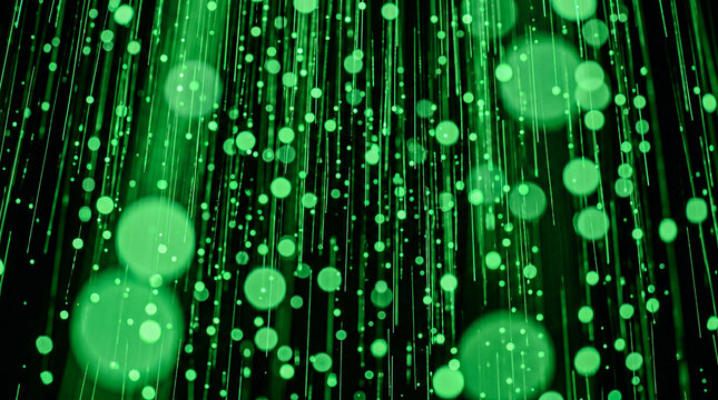 Neon green code rain bokeh orbs light trails on pure black, cybersecurity background