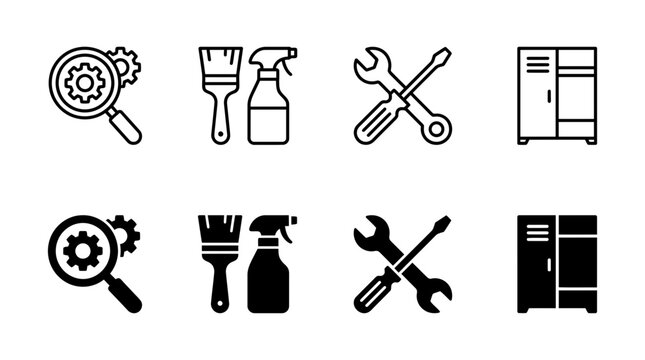 Industrial maintenance and repair tool icons set in outline and solid styles with maintenance screwdriver industrial