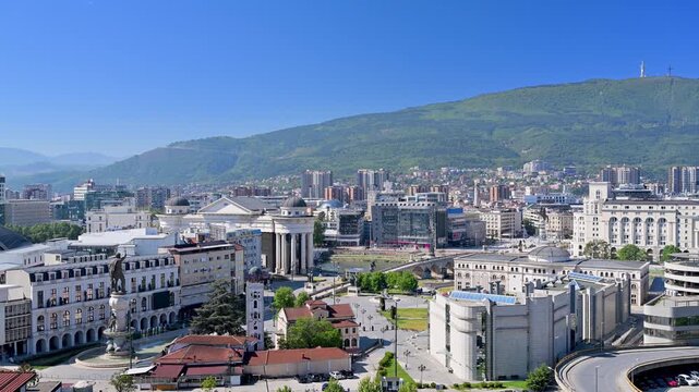 Scenic aerial view of Skopje's downtown cityscape