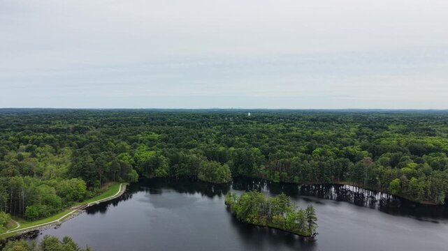 Boston Skyline view from Andover, flying over Harold Parker State Forest, epic view in a clear horizon