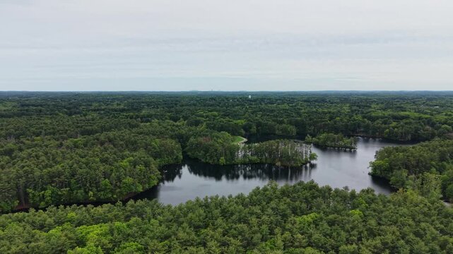 Lateral drone flight at Harold Parker State Forest in Andover, with the Boston city skyline on the horizon, stunning view in Massachusetts