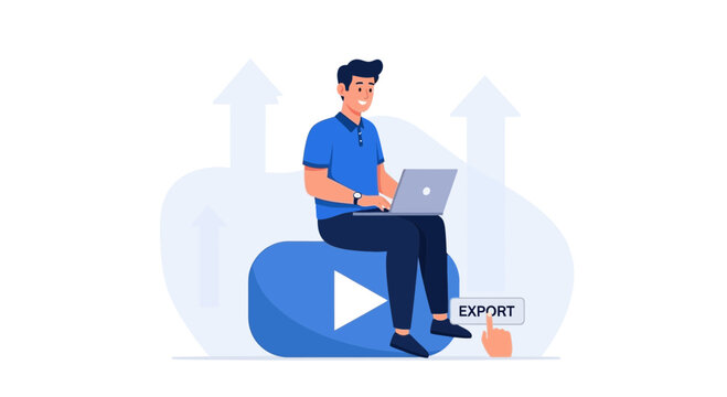 Man Exporting Video Content from Laptop, Sitting on Play Button Icon with Upward Arrows symbolizing Growth