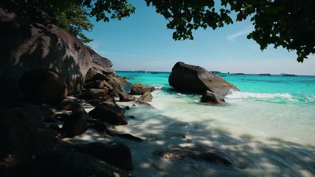 Turquoise bay and rocky islands from cliffside Island Similan in Phang Nga, Phuket Thailand.