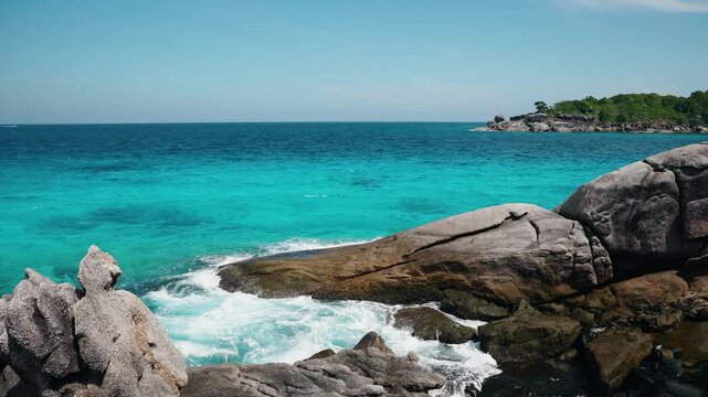 Turquoise bay and rocky islands from cliffside Island Similan in Phang Nga, Phuket Thailand.