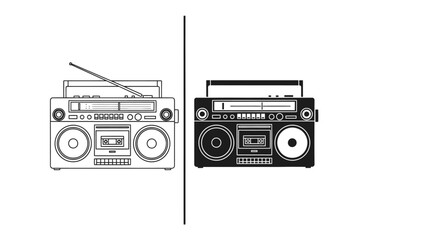 Boombox Duo: A striking visual contrast of two boomboxes, one outlined in black and white, the other in solid black, representing a juxtaposition of styles and eras. © Murshida