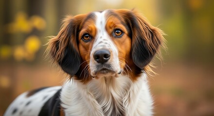 Fototapeta premium Portrait of a brown and white spaniel dog with expressive eyes outdoors