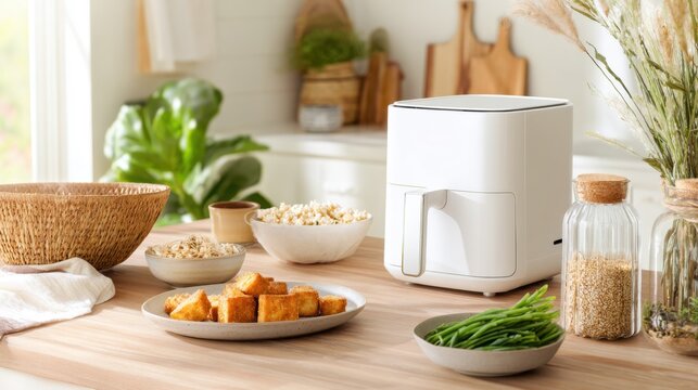 White air fryer on wooden kitchen counter with bowls of vegetables and snacks for modern home cooking for design,National Tofu Day