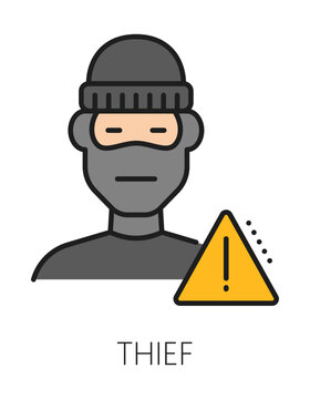 Home security thief protection color line icon or pictogram. House safety company line vector sign, theft alarm technology symbol. Security system icon with bandit, thief or robber wearing face mask