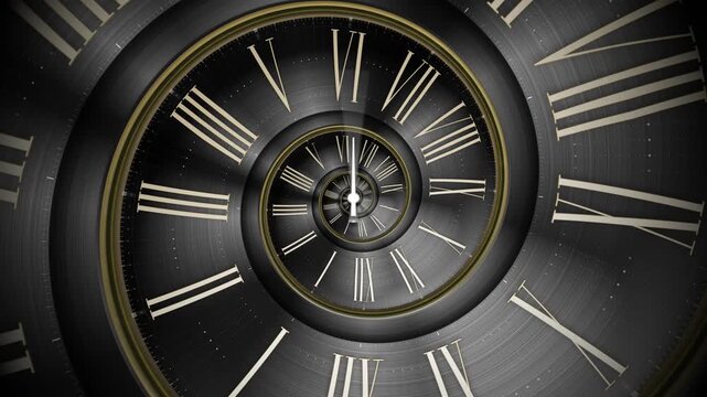 Abstract modern white spiral clock dial with roman numerals. Concept of Infinite time, deadline, scheduling, time management, time travel, time and space, past, present and future.