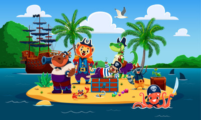 Fototapeta premium Cartoon animal pirates and corsairs characters on tropical island with treasures. Vibrant cartoon illustration with lion captain, hippo and crocodile. Tropical island for kids games and posters