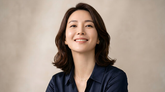 Cheerful Asian businesswoman in navy blue suit smiling and looking up for career and leadership concept