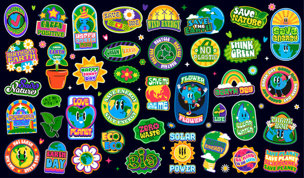 Ecology y2k retro groovy stickers, environment patch labels and recycle vector icons. Vintage pop art Earth planet globe emojis, groovy sun, leaf and water, save nature and green energy y2k stickers