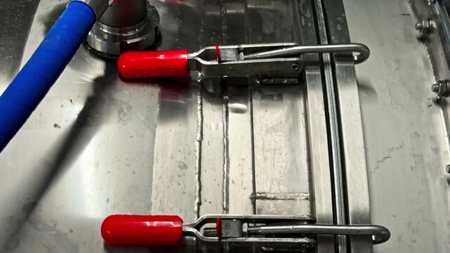 Red latch clamps secure a blue hose to a stainless steel industrial tank, with safety warning signs visible.
