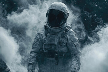 Naklejka premium Armored Soldier Surrounded by Fog and Futuristic Elements