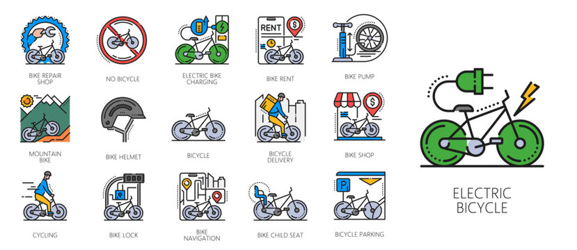Line bicycle and bike service color icons. Bicycle repair, e bike charging, rental, helmet and lock, pump, navigation, delivery, parking and cycling activities perfect for eco friendly city transport