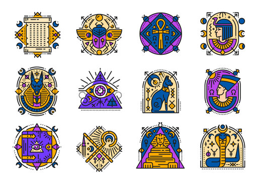 Color egyptian boho tattoo, sacred esoteric symbols. Ancient Egypt horus eye, scarab, pharaoh pyramid and cat vector line icons. Egypt papyrus, God Anubis, Cleopatra and ankh, sphinx and cobra tattoos