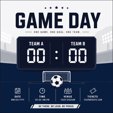 Game day soccer announcement flyer template featuring digital scoreboard with stadium lights and goal net graphics for professional sports league.