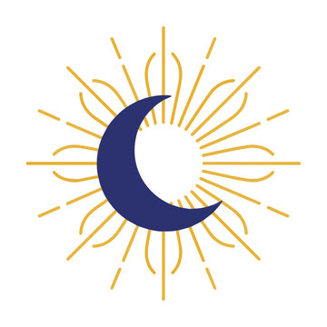 Minimalist celestial crescent moon icon with symmetrical radiating sunburst lines on a white background. Esoteric and spiritual concept