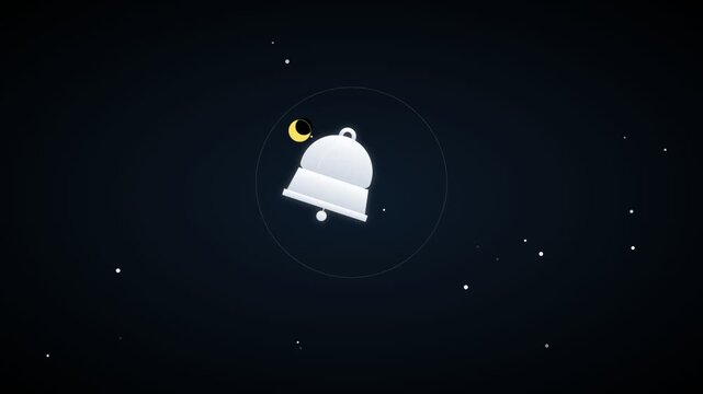 Cosmic White Bell Notification Icon Animation Swinging with Moon and Stars on Night Sky Background