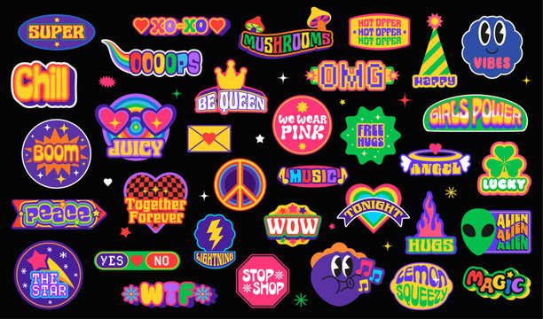Retro y2k stickers and groovy icons, patch labels of vector shapes with cool trendy elements. Vintage groovy stickers pack of smile emojis, y2k fire, heart and star, hippie peace, flowers, lightning