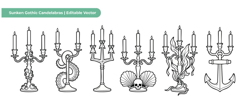 Gothic candelabra vector line art set featuring sunken nautical elements like anchors, skulls, seaweed, tentacles, and barnacles for spooky halloween coloring book design and pirate themed projects.