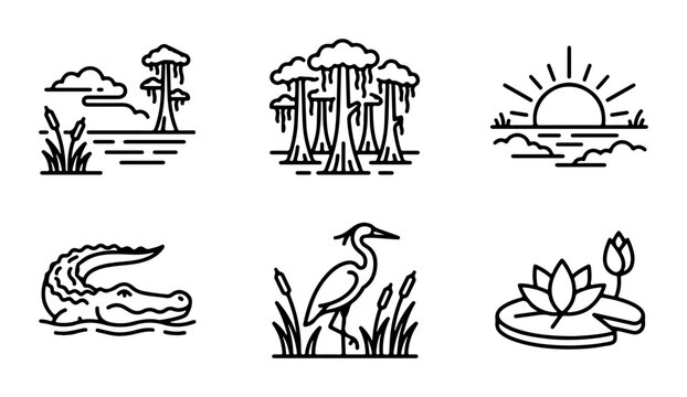 Swamp Icons Set: Alligator, Heron, Water Lily, Cypress Trees, Landscape
