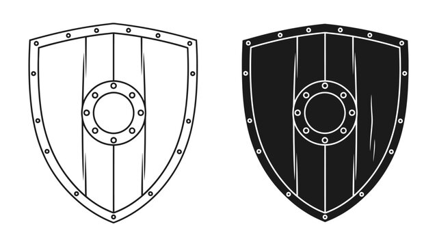 Viking Shield Icon: A minimalist set of two shields, one outlined and one solid black, representing a classic Viking shield design with rivets and a central circular motif.