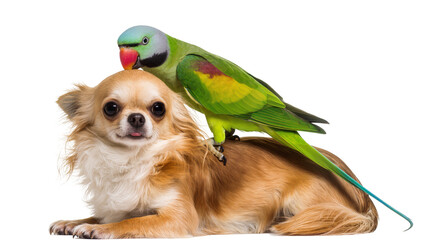 Chihuahua dog with green parrot on its back © Jonas