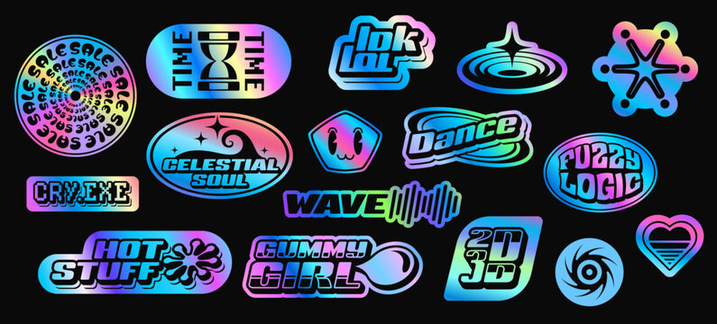 Hologram rainbow y2k stickers, iridescent label patches with gradient. Vector retro y2k silver metal hologram badges, funny emoji stickers and iridescent star, heart, circle and oval geometric shapes