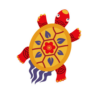 Japanese New Year turtle with ornate golden shell and plum flower, vibrant red limbs and wave patterns. Marine animal traditional symbol of longevity, luck, celebration for festive seasonal greetings