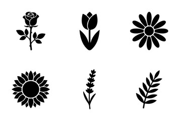 Fototapeta premium Floral Icons Set: Rose, Tulip, Daisy, Sunflower, Lavender, Leaf Vector Graphics