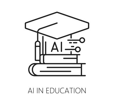 AI in education icon showing graduation cap and stack of books. Clean minimalist line art combines academic and technology symbols. Linear icon for e learning apps and university AI programs