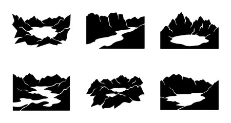 Mountain Landscape Icons, Crater Lake Vector Set, River Valley Graphics © MdParvej