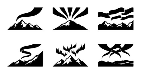 Mountain Aurora Icons, Night Sky Landscape Symbols, Aurora Borealis Vector Graphics © MdNurul