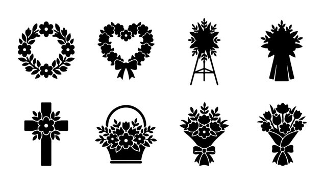 Funeral Floral Tributes, Sympathy Wreaths, Crosses, Bouquets Vector Icons