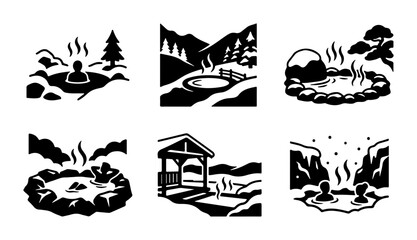 Obraz premium Onsen Hot Spring Icons, Japanese Bathing Scenes, Relaxation Vector Set