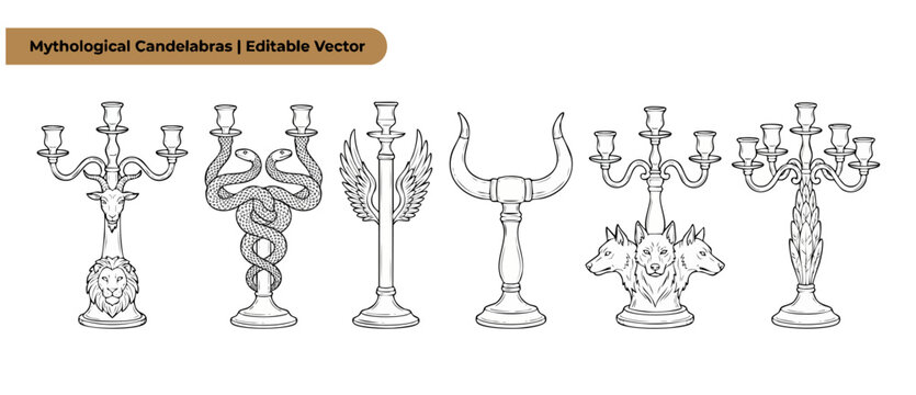 Mythological candelabra vector line art set featuring Cerberus, snake caduceus, winged column, bull horns, and chimera lion designs isolated on white background for gothic occult halloween decoration