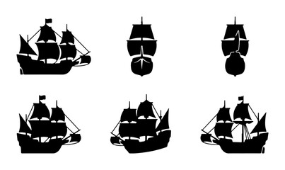 Set of Six Black Silhouette Sailing Ships, Nautical Vessels, Maritime Transport Icons © MdParvej