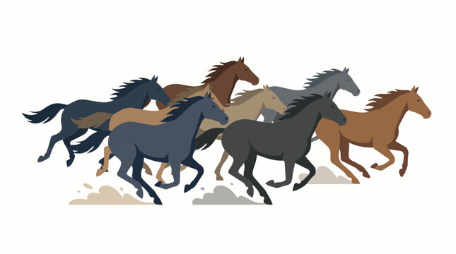 Vector illustration of a powerful herd of wild horses galloping together in a stampede. The group of diverse stallions and mares shows strength and energy in motion against a white background.