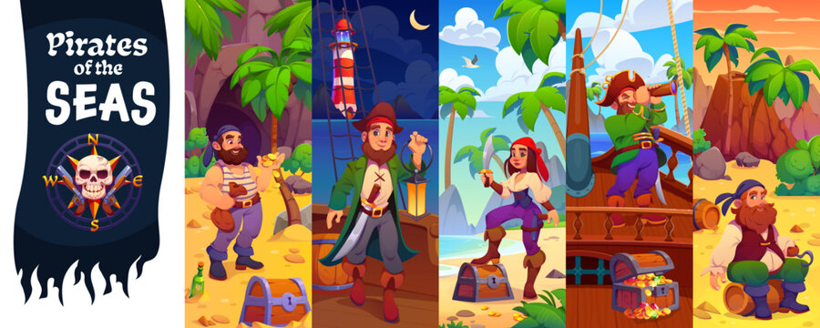 Cartoon pirate and corsair characters on treasure island and ship deck collage. Happy woman sailor with treasure chest and sword, captain with spyglass telescope, funny pirate characters with gold