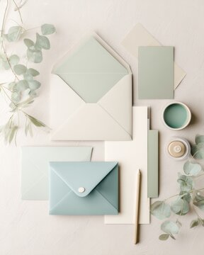 Pastel stationery and envelope flat lay with eucalyptus sprigs for wedding invitation branding and card design background