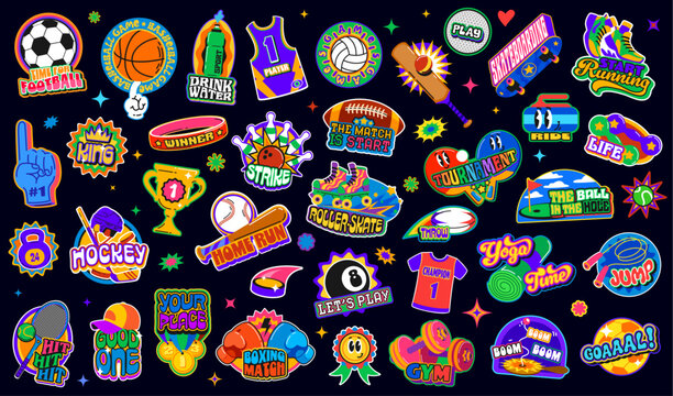 Funky sport patch y2k groovy stickers. Retro labels for gym, fitness, sport games and workouts. Vector groovy basketball jersey, football ball, skateboard, yoga, tennis and baseball equipment stickers