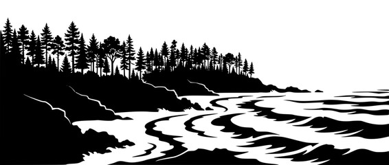 Obraz premium Black and white silhouette of coastal pine forest and ocean waves